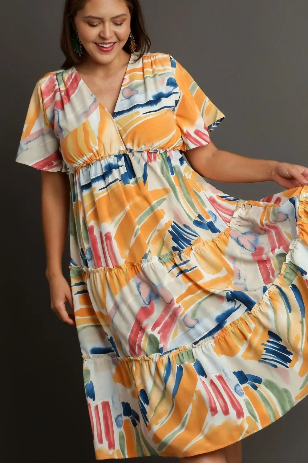 Image of Umgee Full Size Abstract Print Flutter Sleeve Frill Tiered Midi Dress Plus Size | Queeble.shop