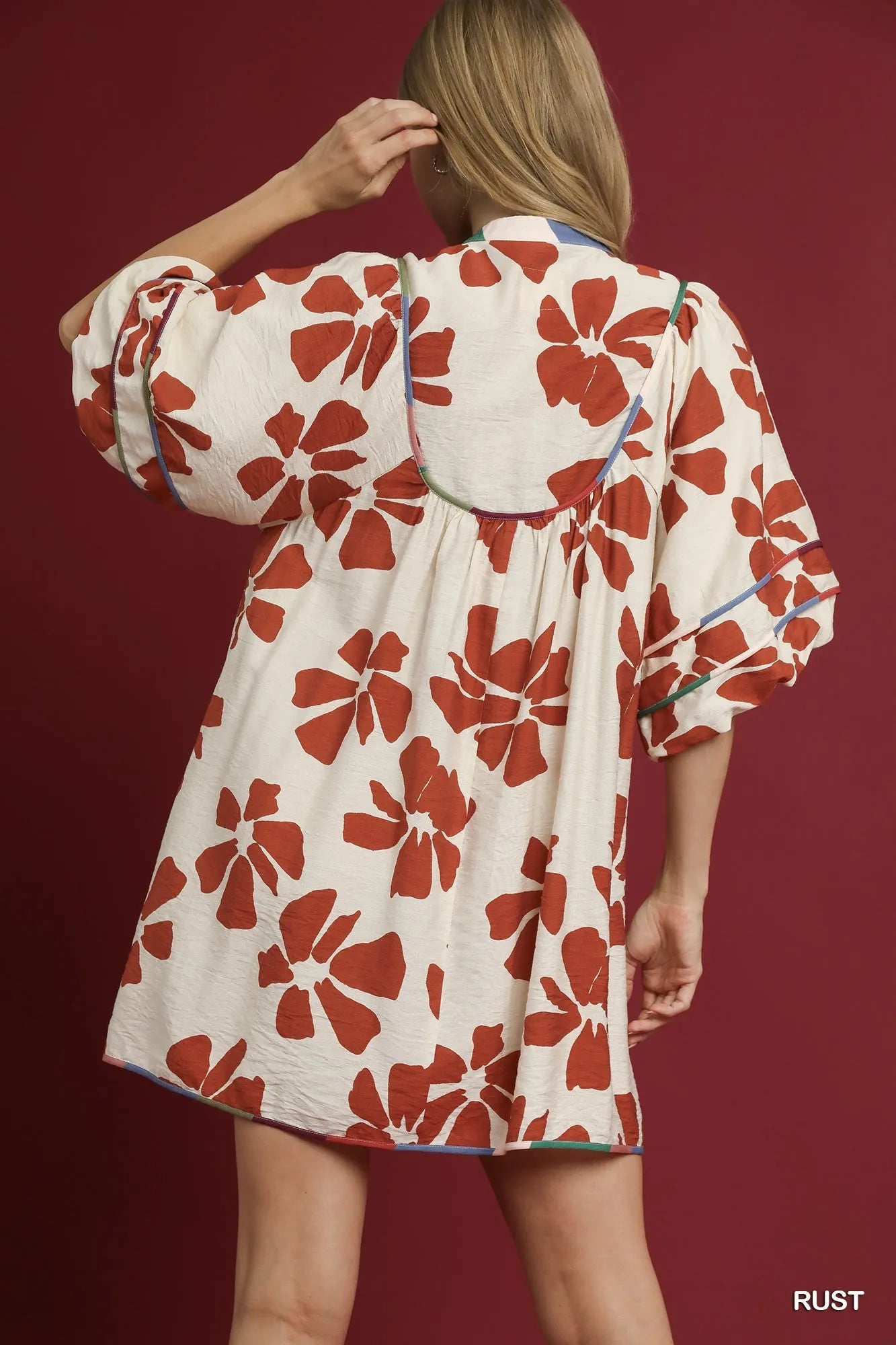Image of Umgee Two Tone Floral Tie-Neck Babydoll Dress | Queeble.shop