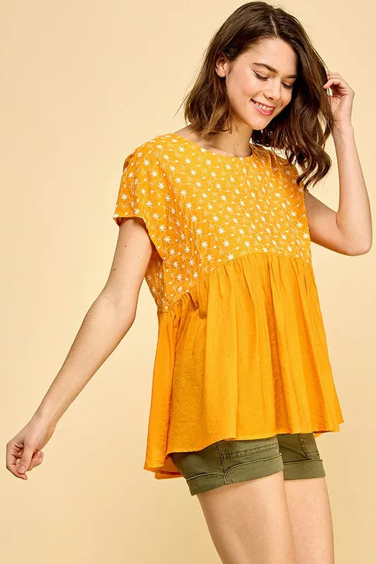 Image of Lime 'N' Chili Embroidered Short Sleeve Pleated Babydoll Top | Queeble.shop