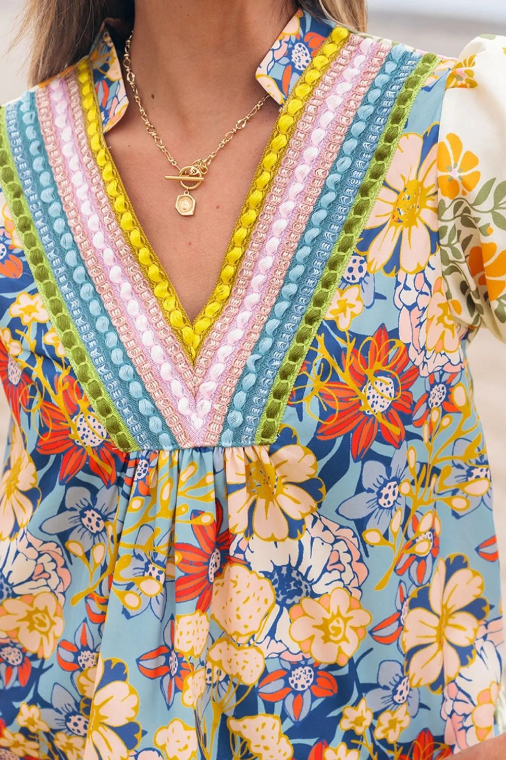 Image of Multicolour Crochet V Neck Half Sleeve Boho Floral Blouse | Queeble.shop