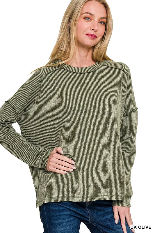 Image of Zenana Full Size Exposed Seam Long Sleeve Corded Rib Knit Top Plus Size | Queeble.shop