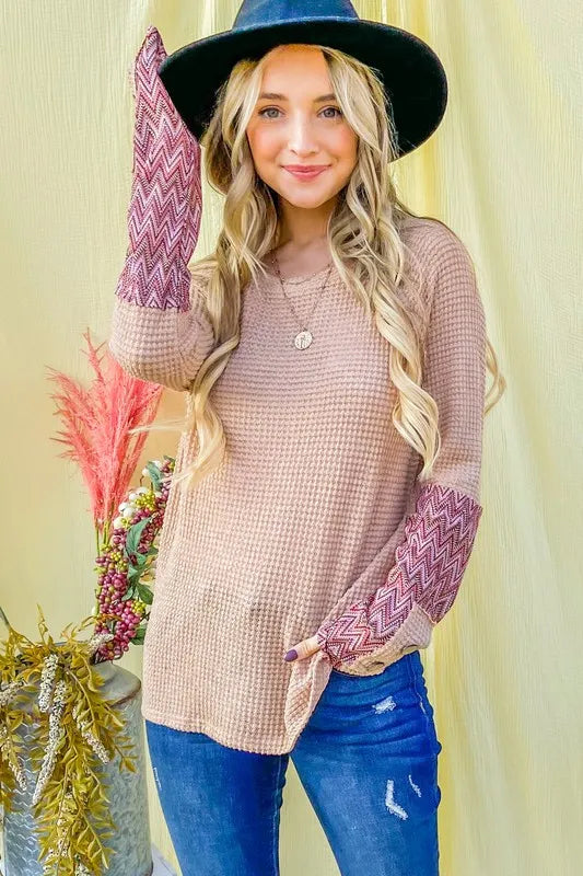 Image of And The Why Button Detail Printed Sleeve Waffle Knit Top | Queeble.shop