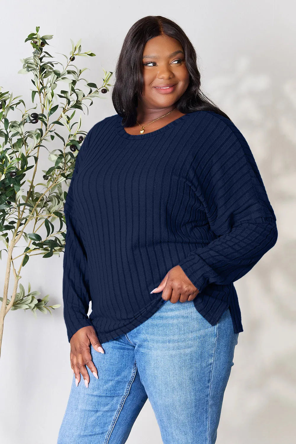 Image of Basic Bae Full Size Ribbed Round Neck Slit Knit Top | Queeble.shop