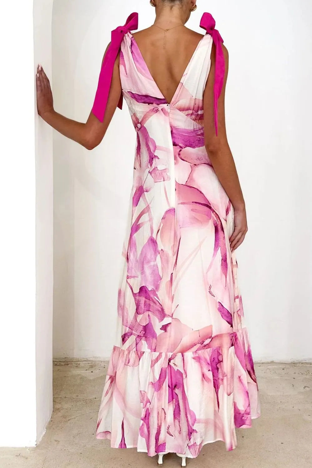 Image of Printed V-Neck Tie Shoulder Midi Cami Dress | Queeble.shop