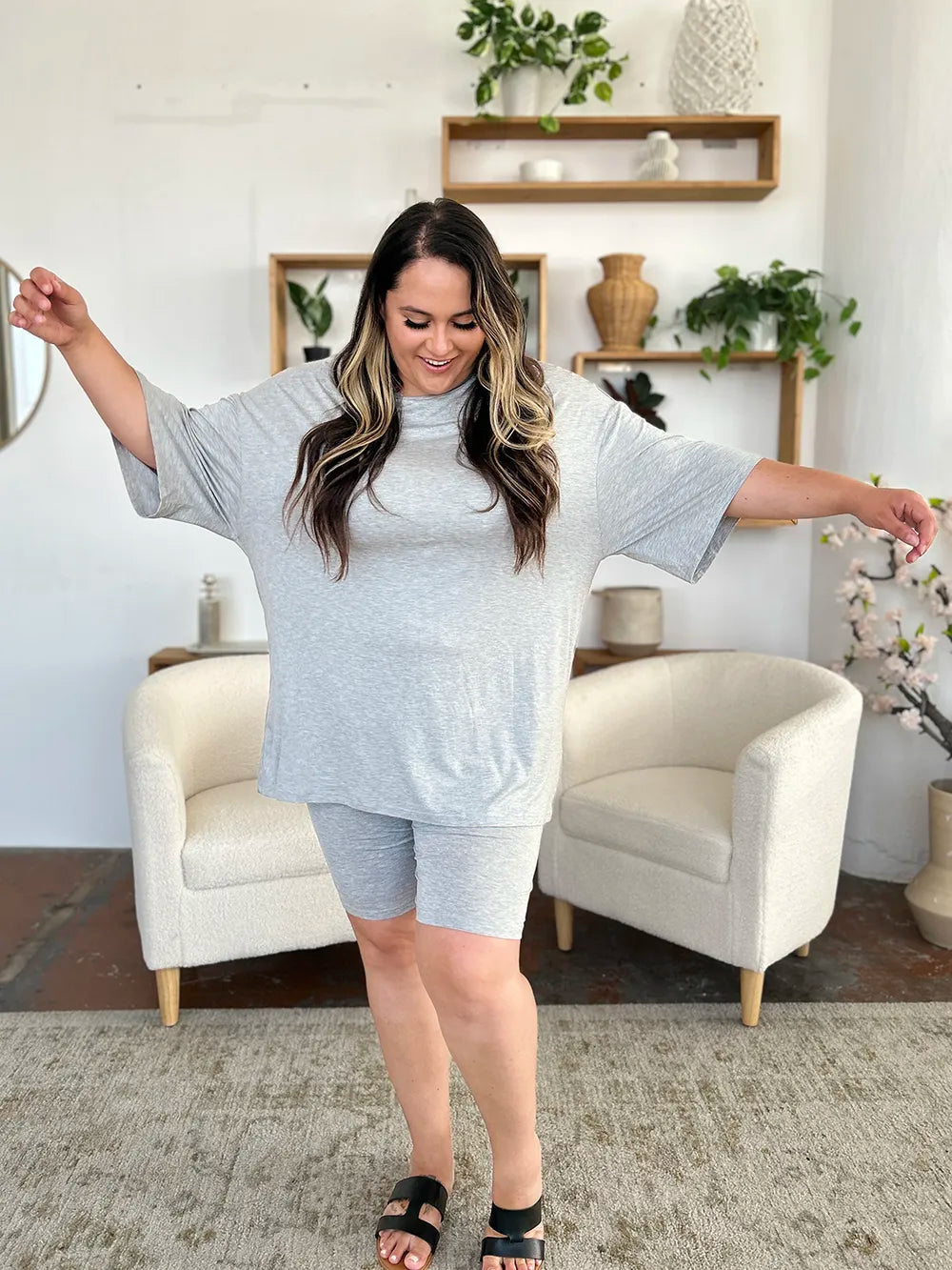 Image of Basic Bae Bamboo Full Size Round Neck Drop Shoulder T-Shirt and Shorts Set | Queeble.shop