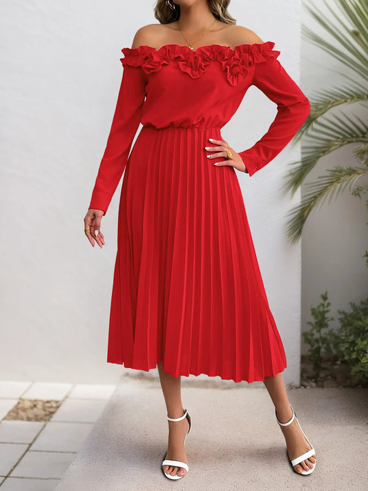 Image of Off-Shoulder Ruffle Pleated Midi Dress | Queeble.shop