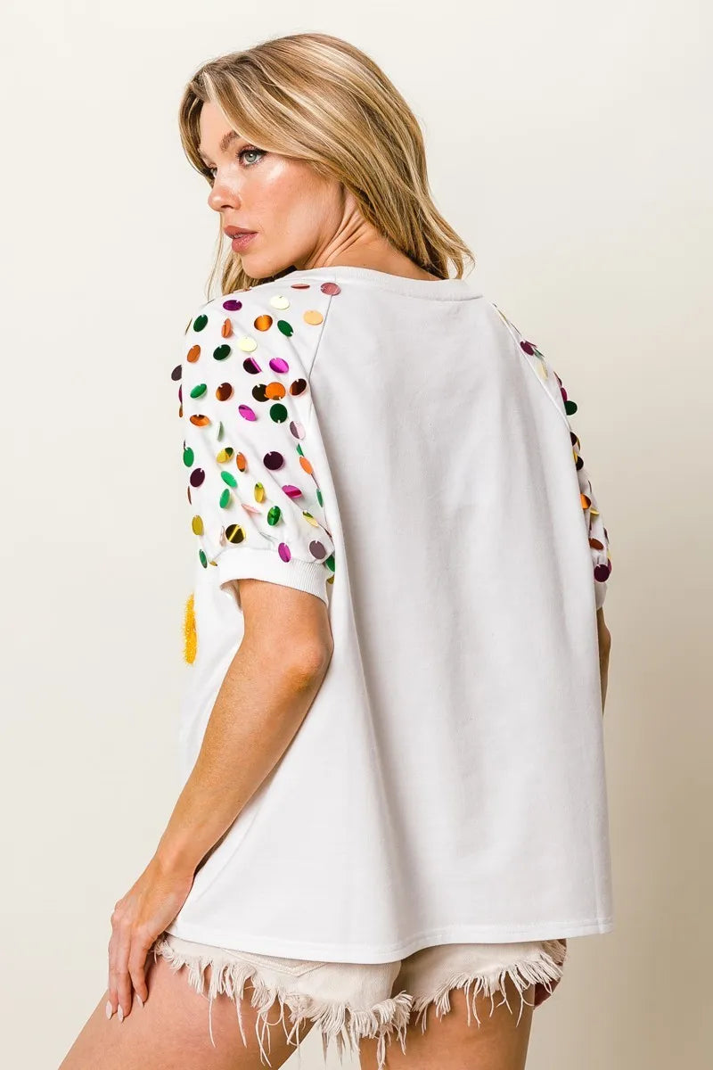 Image of BiBi Metallic Letter Spangle Raglan Puff Sleeve Top | Queeble.shop