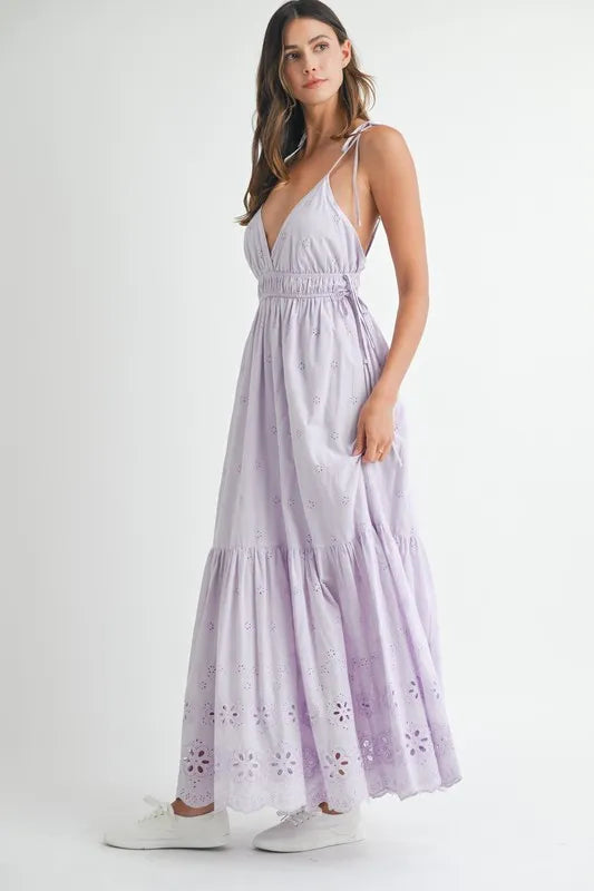 Image of MABLE Eyelet Lace Maxi Dress With Side Strap Details | Queeble.shop