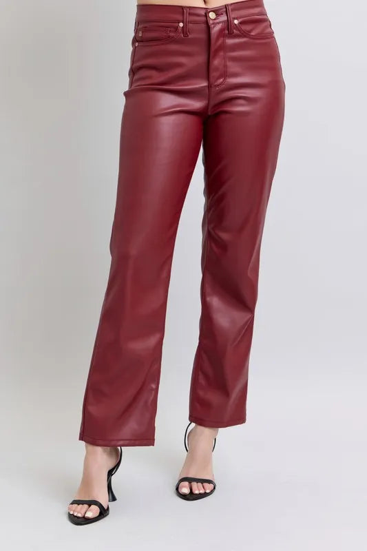 Image of Judy Blue Full Size High Waist Tummy Control Faux Leather Straight Pants Plus Size | Queeble.shop