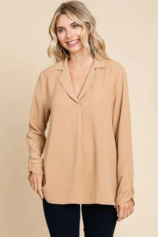 Image of Culture Code Full Size Lapel Collar Ruched Long Sleeve Blouse | Queeble.shop