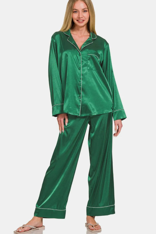 Image of Zenana Satin Long Sleeve Shirt and Pants Pajama Set | Queeble.shop