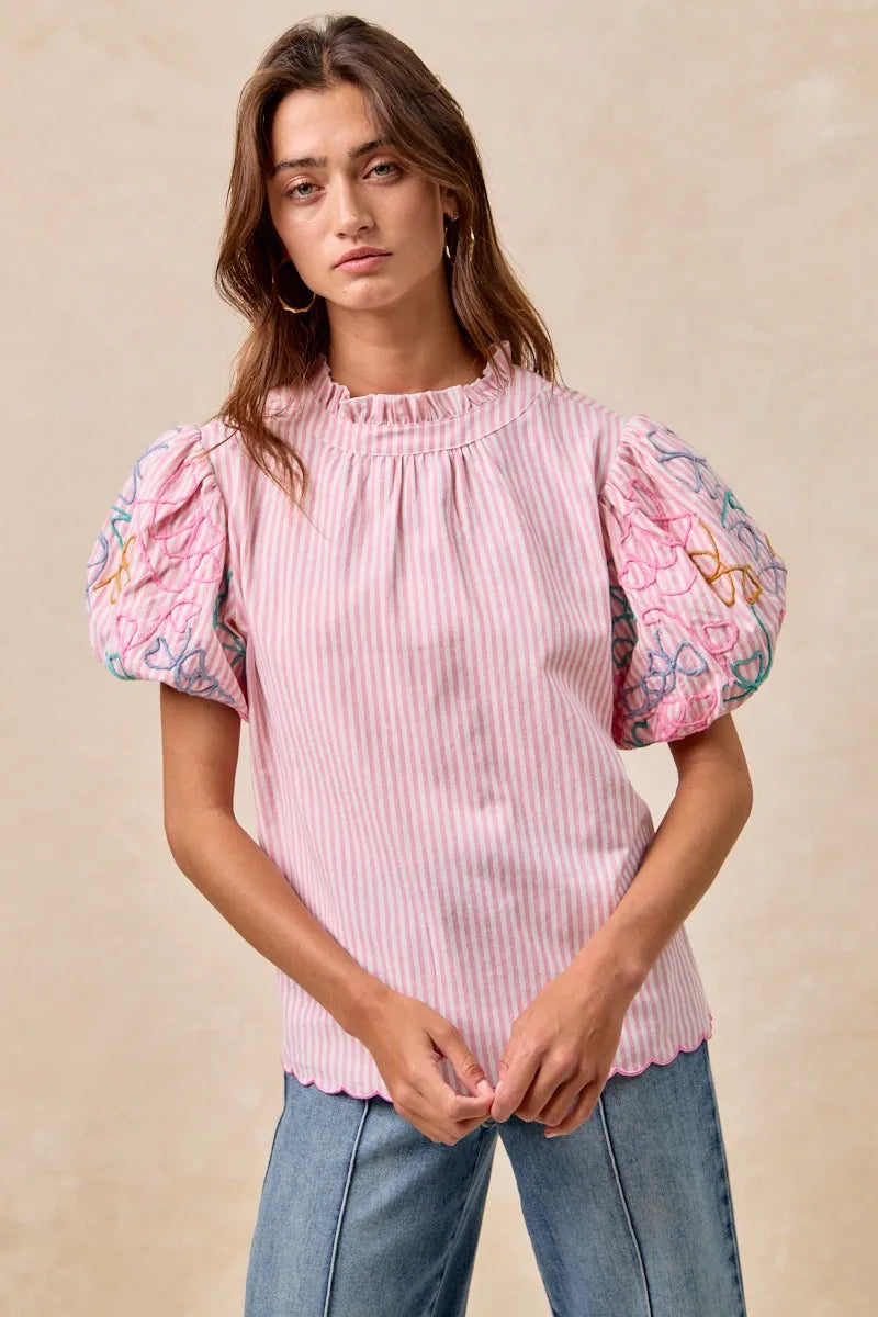 Image of BiBi Embroidery Bubble Sleeve Top With Bottom Scallop Detail | Queeble.shop