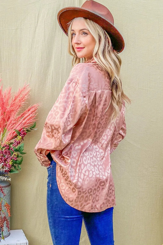 Image of And The Why Satin Leopard Button Up Curved Hem Shirt | Queeble.shop