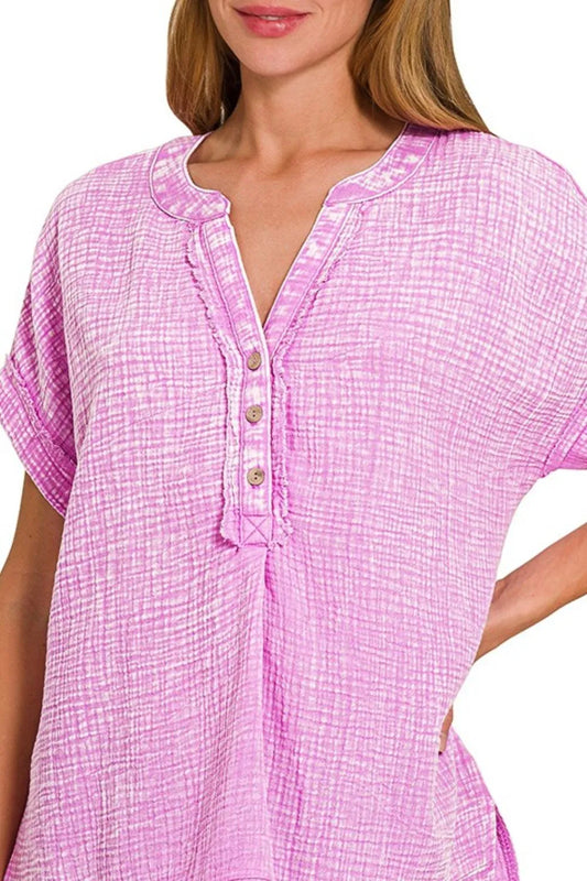 Image of Zenana Washed Double Gauze 3/4 Button Henley Neck Shirt | Queeble.shop