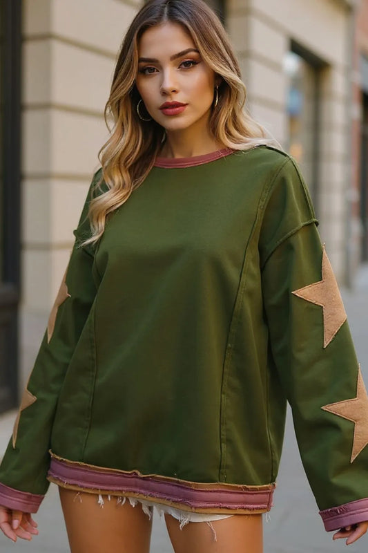 Image of Double Take Star Patched Long Sleeve Sweatshirt | Queeble.shop
