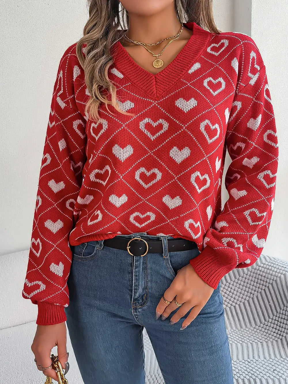 Image of Heart Pattern V-Neck Long Sleeve Sweater | Queeble.shop