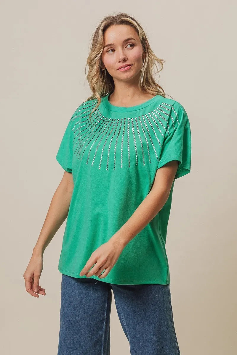 Image of BiBi Rhinestone Beaded Short Sleeve Top | Queeble.shop