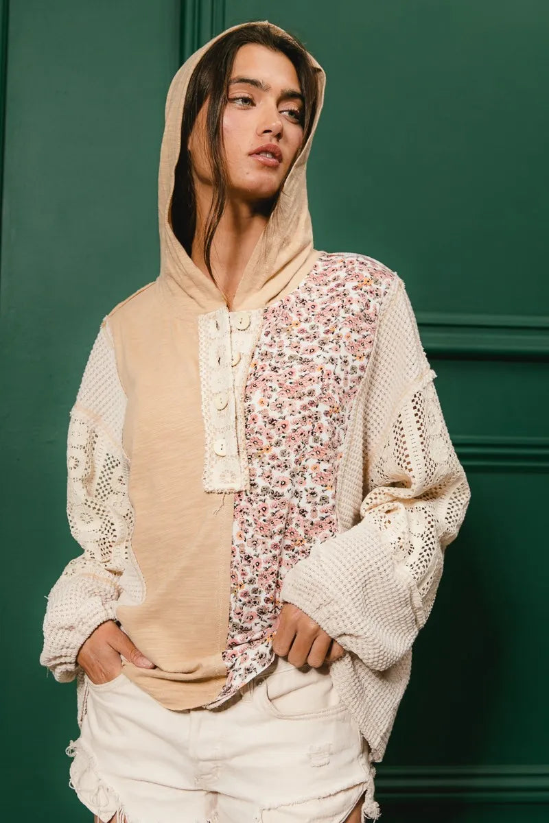 Image of BiBi Slub Jersey with Lace Combo Buttoned Hoodie Top | Queeble.shop