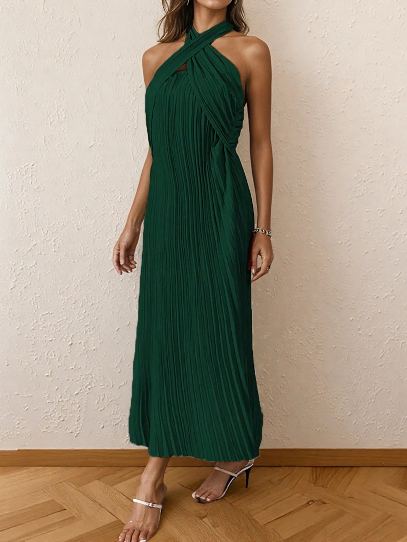 Image of Pleated Halter Neck Midi Dress | Queeble.shop