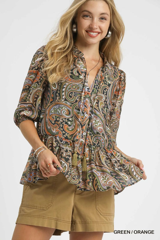 Image of Umgee Paisley Print Peplum Blouse | Queeble.shop