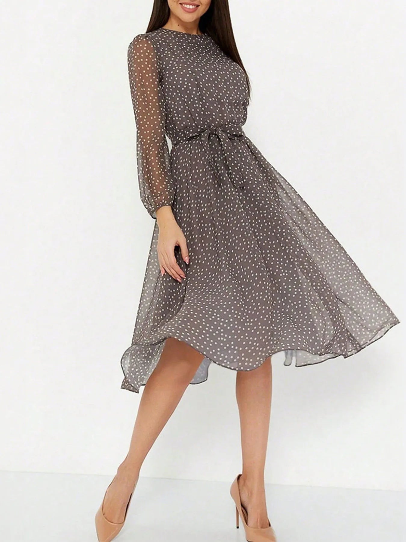 Image of Printed Round Neck Long Sleeve Midi Dress | Queeble.shop