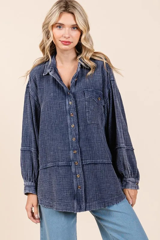 Image of Mittoshop Textured Collared Neck Long Sleeve Shirt | Queeble.shop