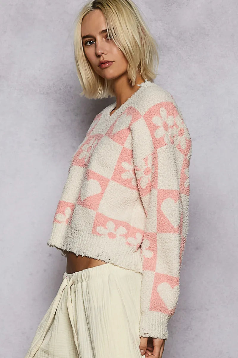 Image of POL V-Neck Heart Pattern Checkered Sweater | Queeble.shop