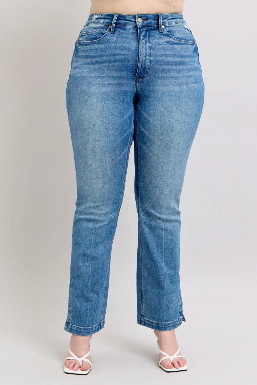 Image of Judy Blue HW Tummy Control Vintage Wash Side Slit Slim Boot Jeans | Queeble.shop