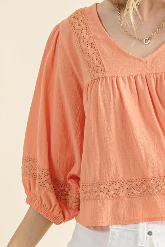 Image of And The Why Lace Detailed V Neck Blouse Top | Queeble.shop