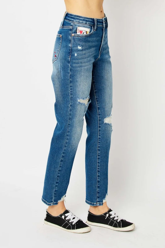 Image of Judy Blue Full Size Queen Of Hearts Coin Pocket BF Jeans | Queeble.shop
