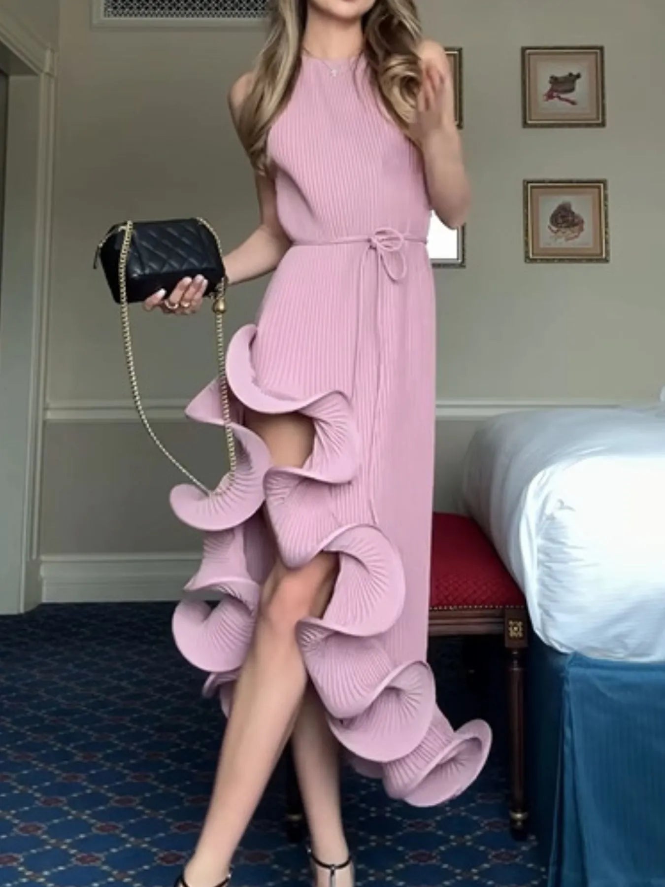 Image of Ruffle Hem Ribbed Sleeveless Dress | Queeble.shop