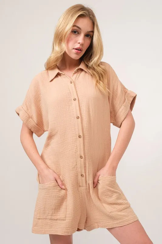 Image of And The Why Washed Gauze Roll-up Sleeve Comfort Utility Romper | Queeble.shop