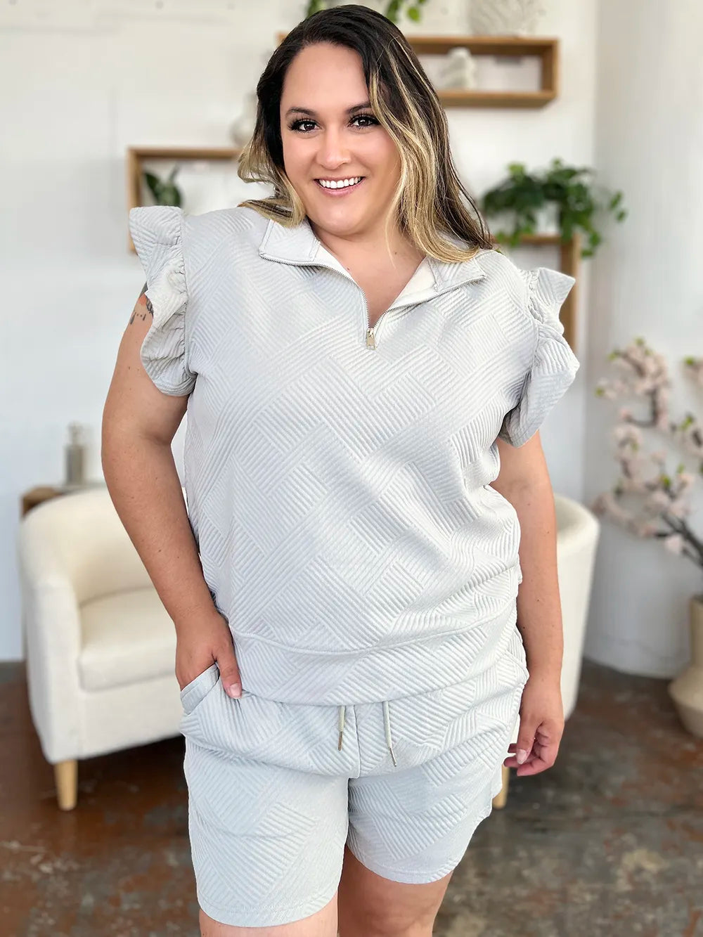 Image of Double Take Full Size Texture Flounce Sleeve Top and Drawstring Shorts Set | Queeble.shop