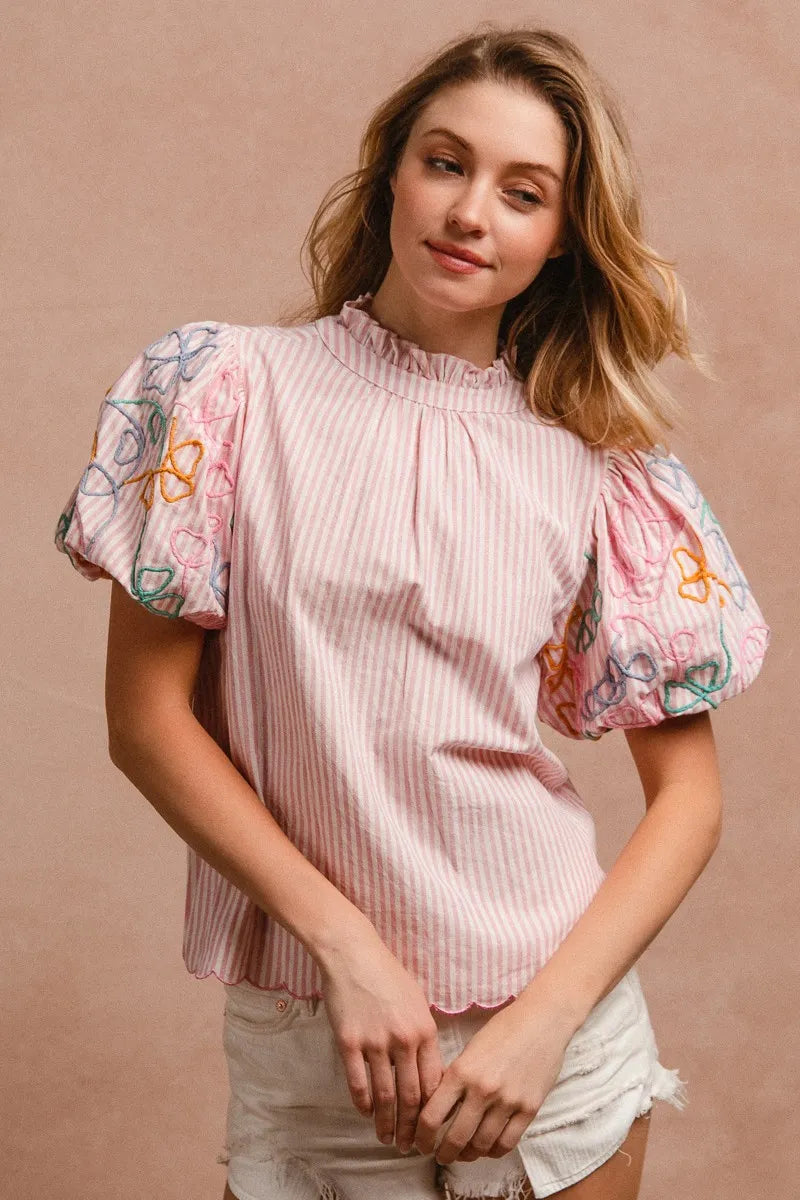 Image of BiBi Embroidery Bubble Sleeve Top With Bottom Scallop Detail | Queeble.shop
