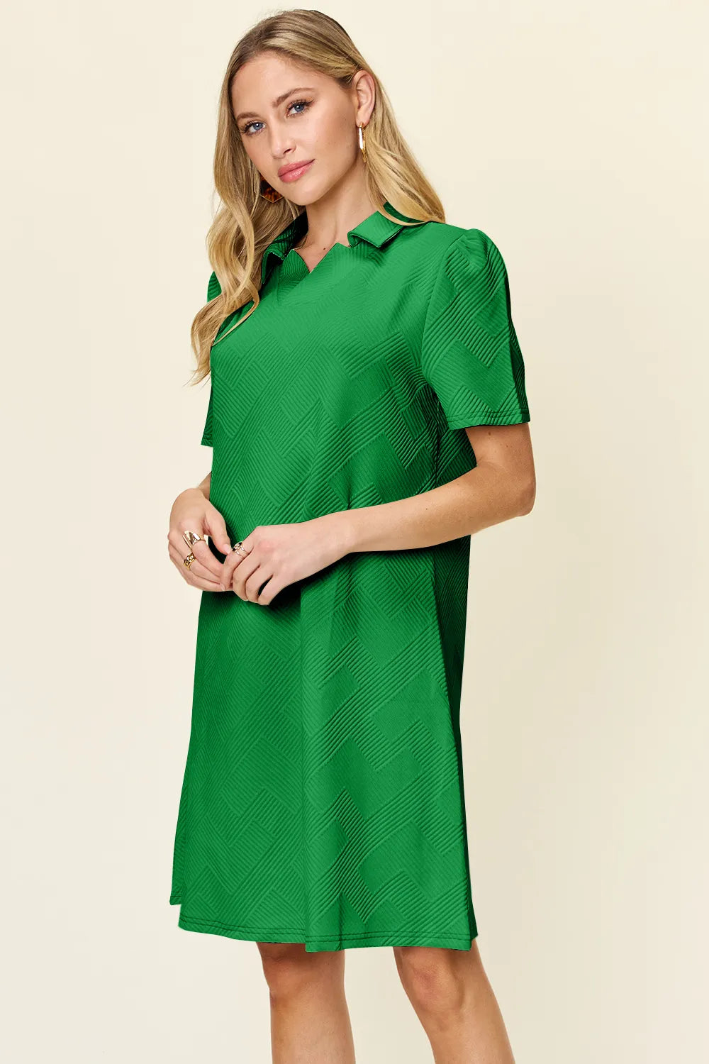 Image of Double Take Full Size Texture Collared Neck Short Sleeve Dress | Queeble.shop