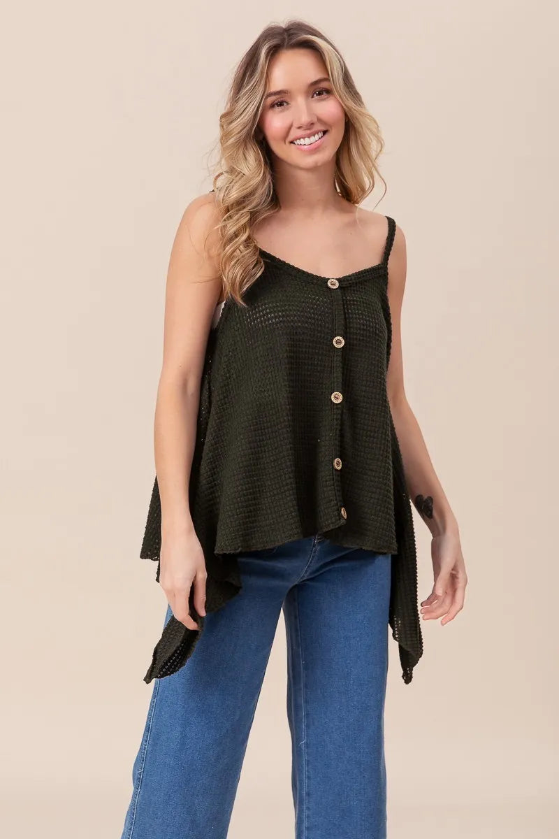 Image of BiBi Popcorn Waffle Knit with Buttoned Front Cami Top | Queeble.shop