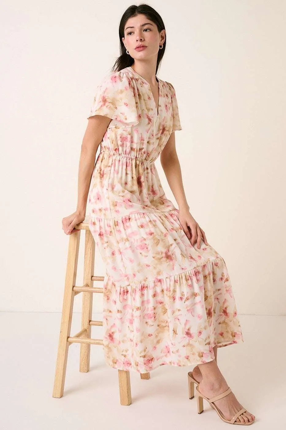 Image of Mittoshop Flower Print Flutter Sleeve V Slit Maxi Dress | Queeble.shop