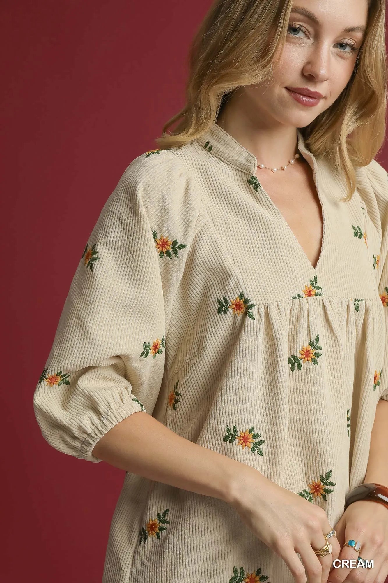 Image of Umgee Corduroy Babydoll Dress with Floral Embroidery | Queeble.shop