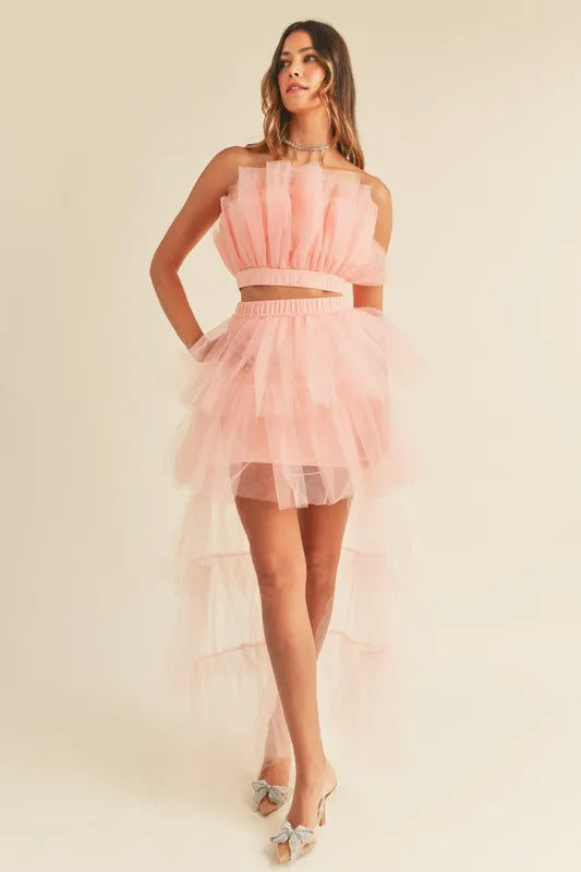 Image of MABLE Tulle Tube Ruffle Crop Top and High Low Maxi Skirt Set | Queeble.shop