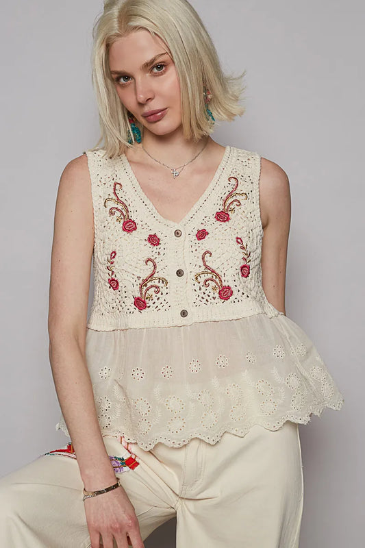 Image of POL Embroidered Detail V-Neck Eyelet Peplum Tank | Queeble.shop