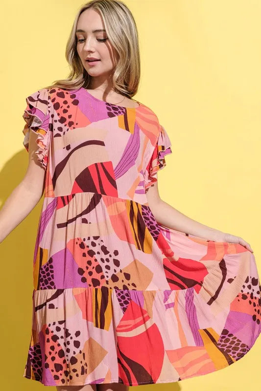 Image of And The Why Printed Double Ruffles Sleeve Dress | Queeble.shop