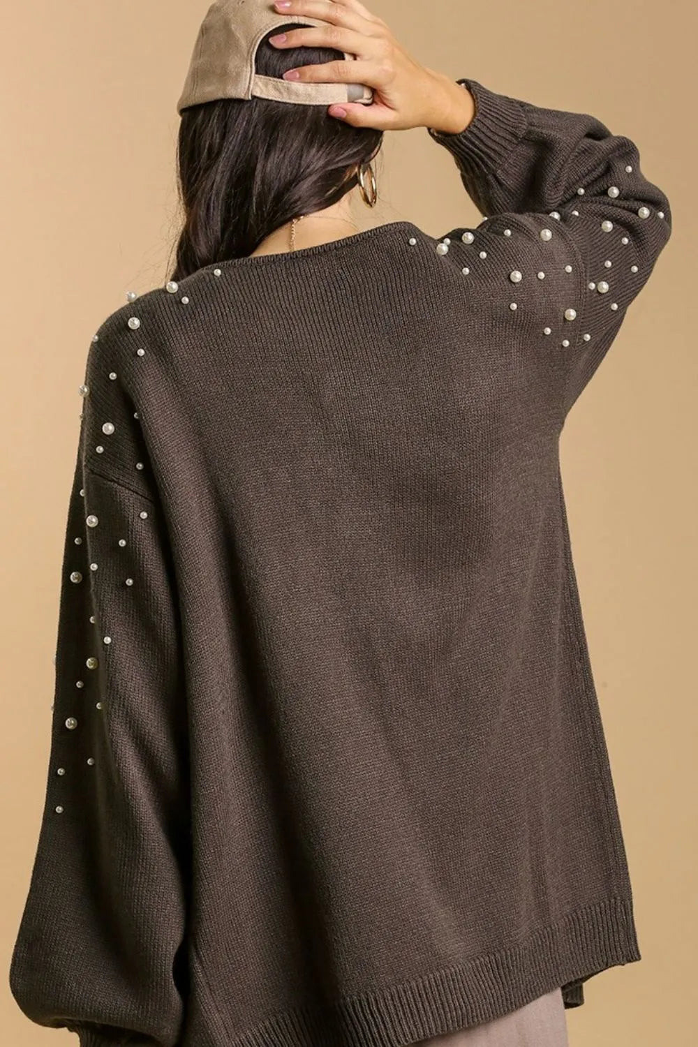 Image of Umgee Full Size Open Front Cardigan with Long Sleeve Pearl Details Plus Size | Queeble.shop