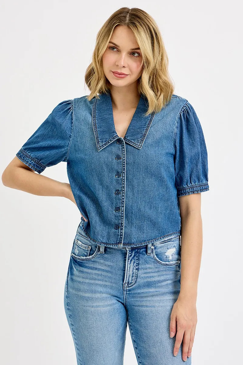 Image of RISEN Button Down Puff Sleeve Crop Denim Shirt | Queeble.shop