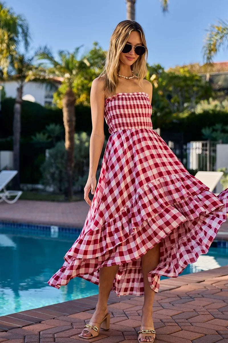 Image of BiBi Smocked Body Off Shoulder Check Dress | Queeble.shop