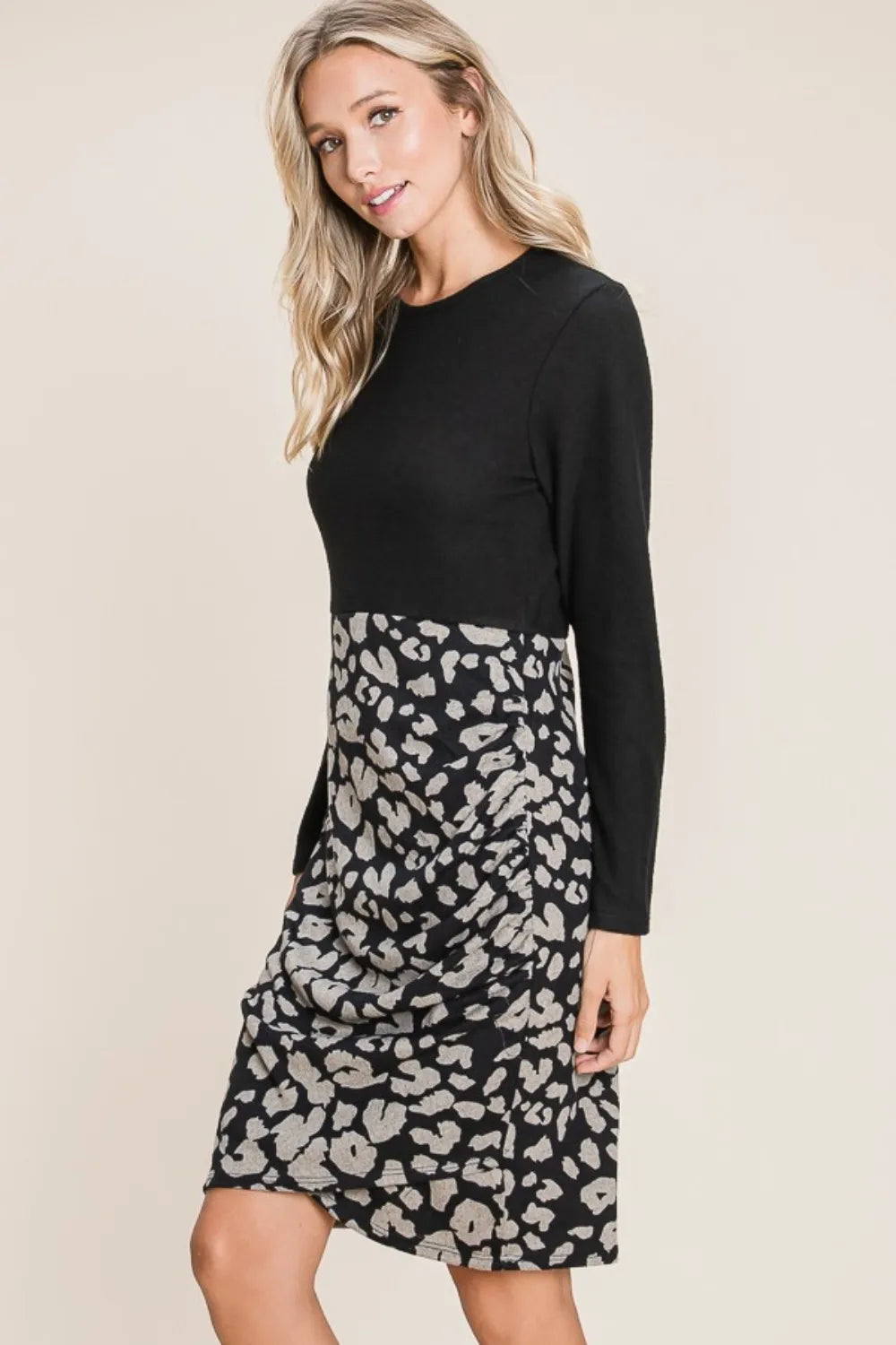Image of BOMBOM Leopard Color Block Knit Dress | Queeble.shop