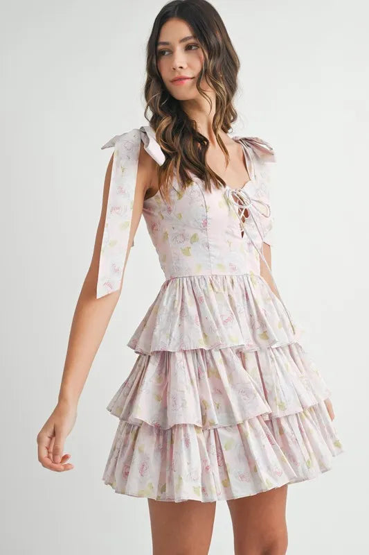 Image of MABLE Floral Print Shoulder Tie Layered Mini Dress | Queeble.shop