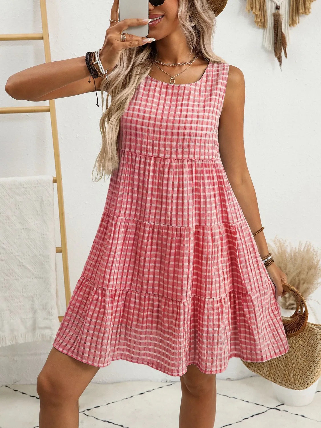 Image of Plaid Round Neck Sleeveless Mini Dress | Queeble.shop