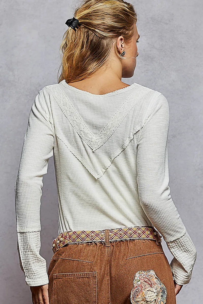 Image of POL Ribbed Half Button Lace Detail Knit Top | Queeble.shop