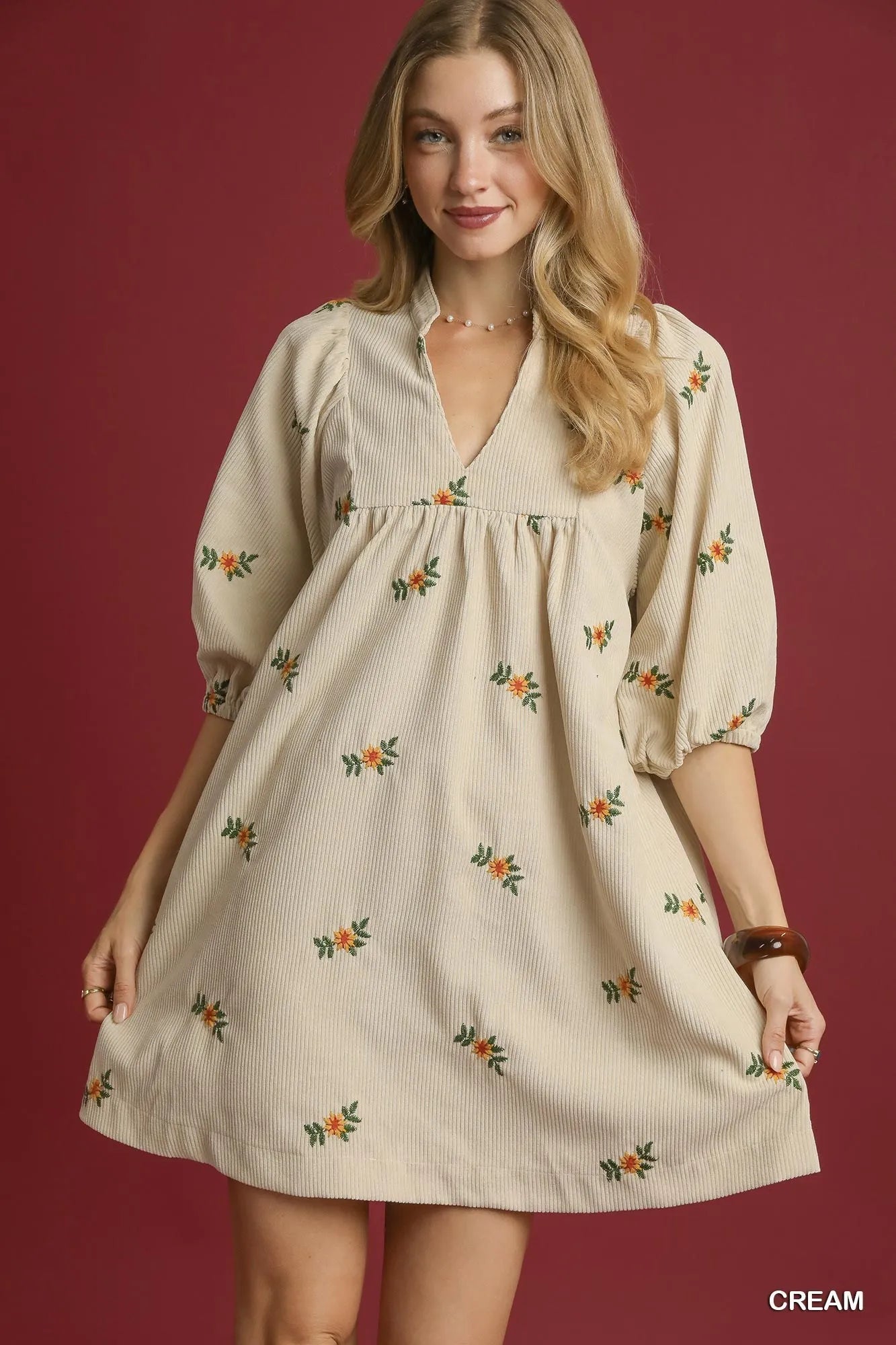 Image of Umgee Corduroy Babydoll Dress with Floral Embroidery | Queeble.shop