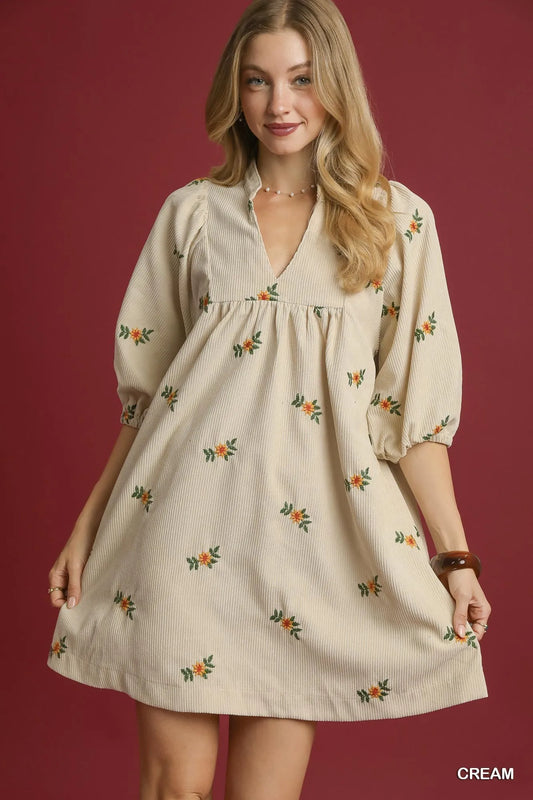 Image of Umgee Corduroy Babydoll Dress with Floral Embroidery | Queeble.shop